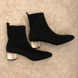 Size 8 boots , black stretch fabric, with lucite heel.